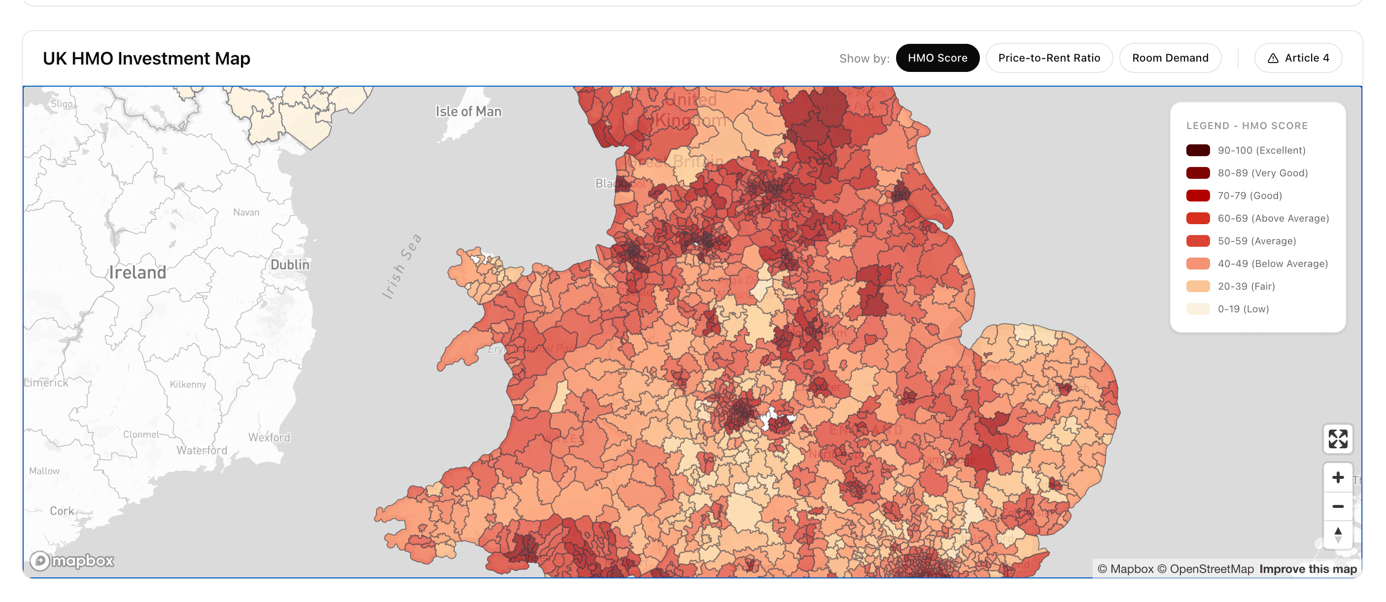 UK HMO Investment Heatmap showing area scores across England and Wales