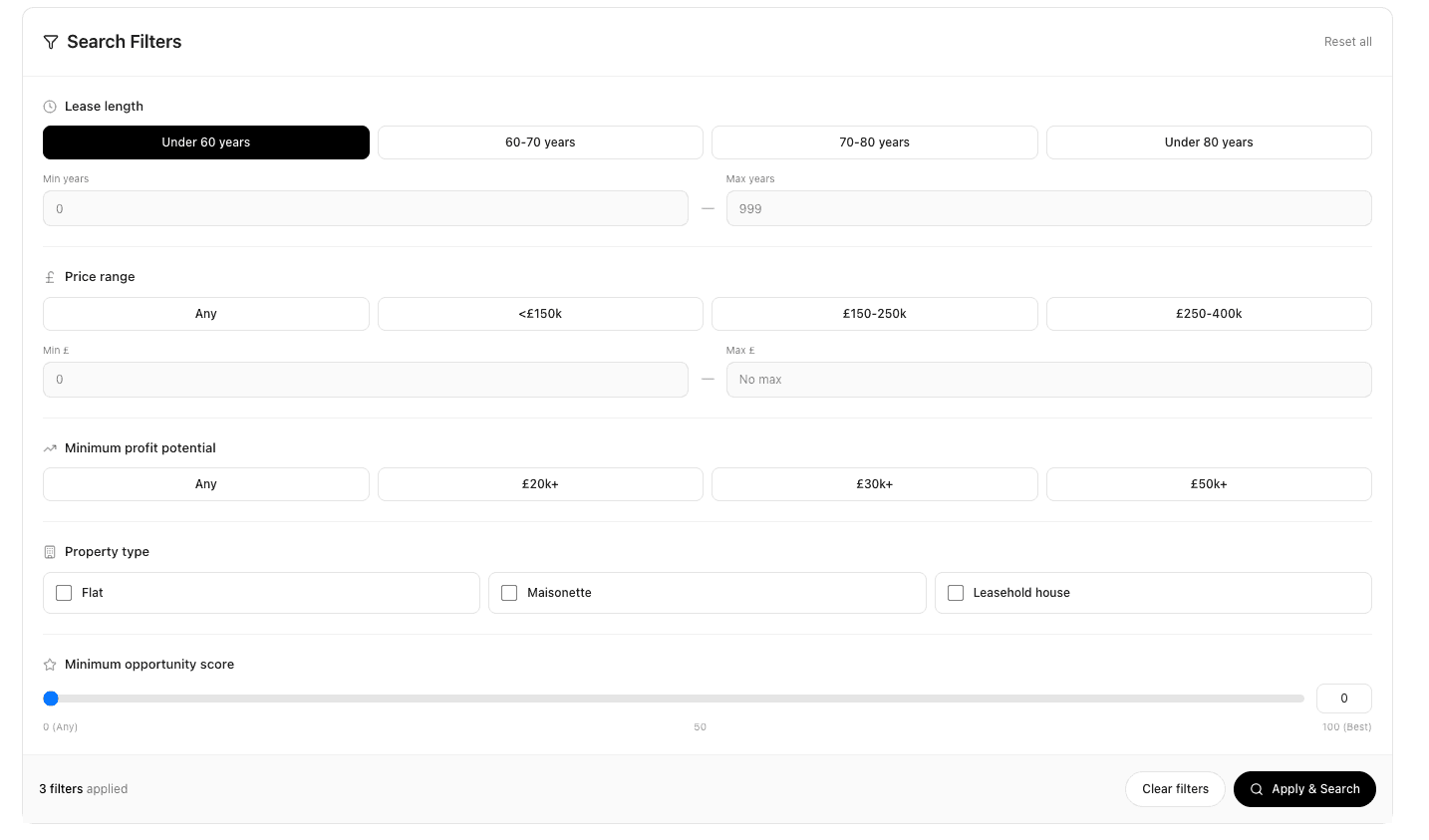 Lease opportunity search filters for finding short-lease flats