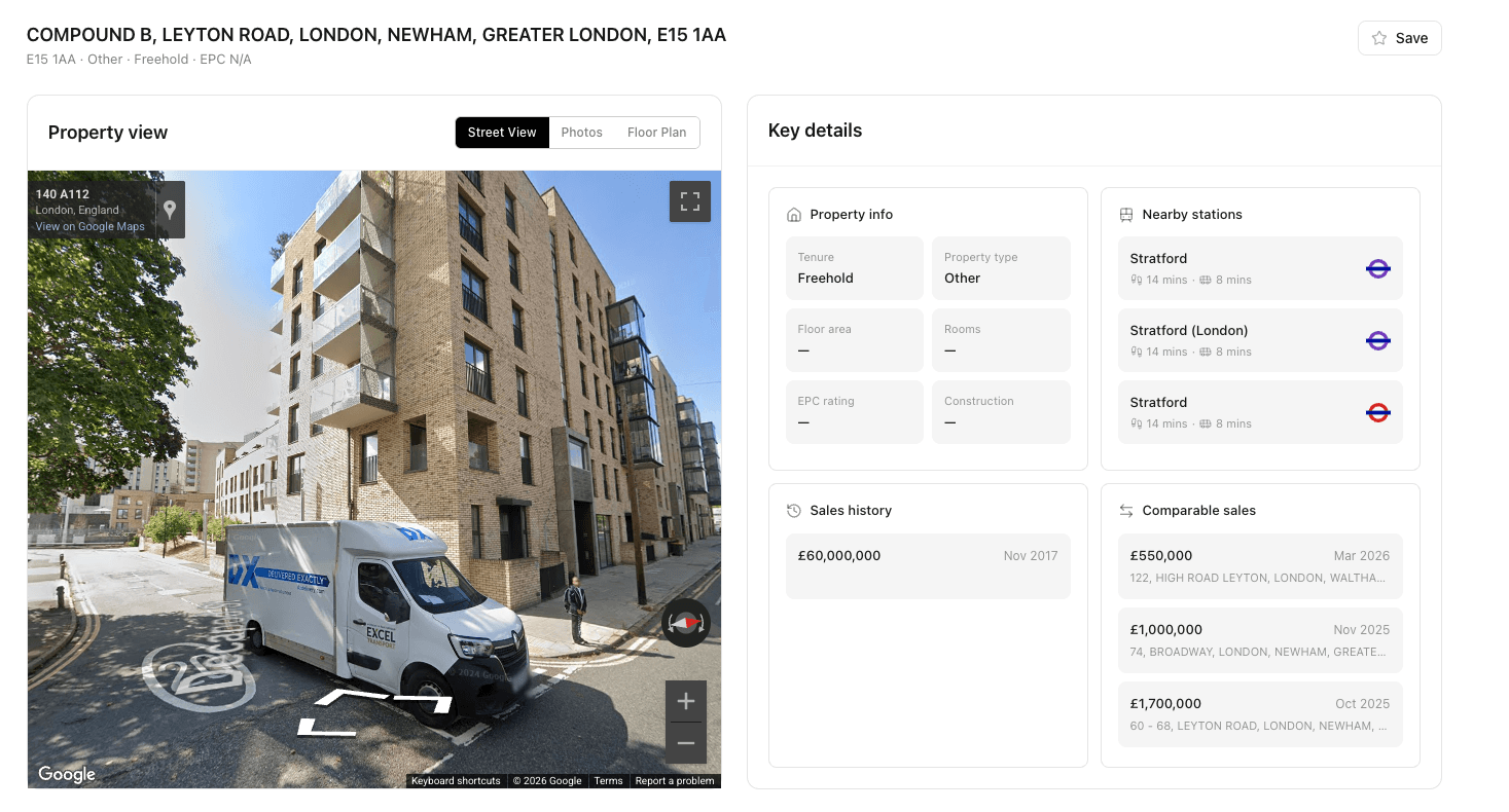 Property search detail showing street view, sales history and comparable sales
